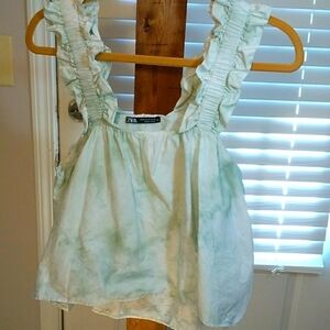 Zara Boho White Green Tie Dye Ruffle Straps High Low Layer Bodice Blouse Size M